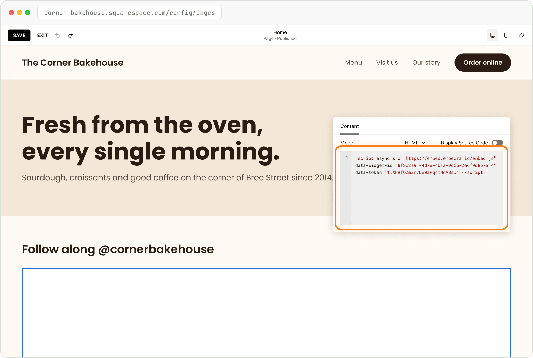 Step: Add a Code block and paste