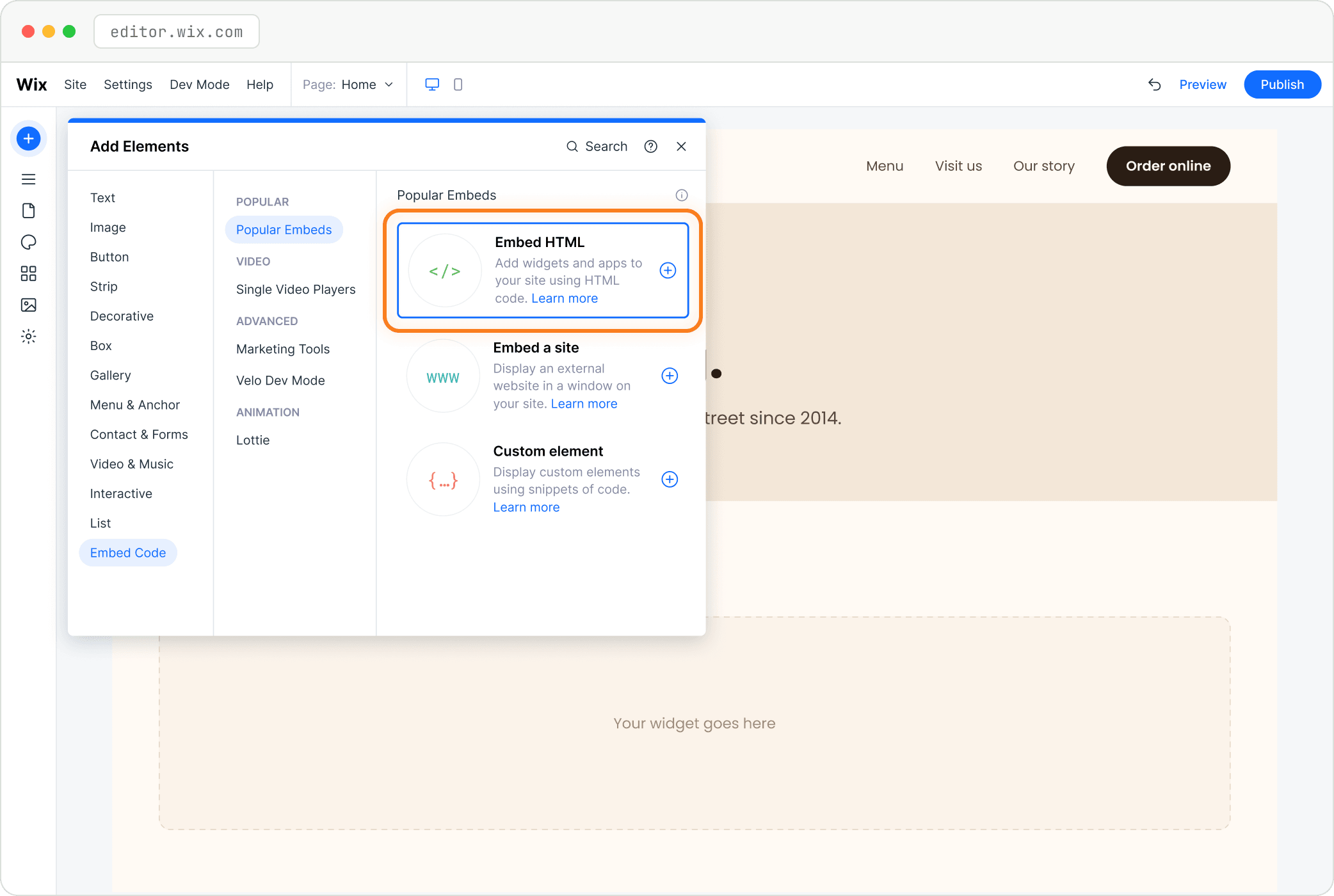 Step: Add Elements, Embed Code, Embed HTML