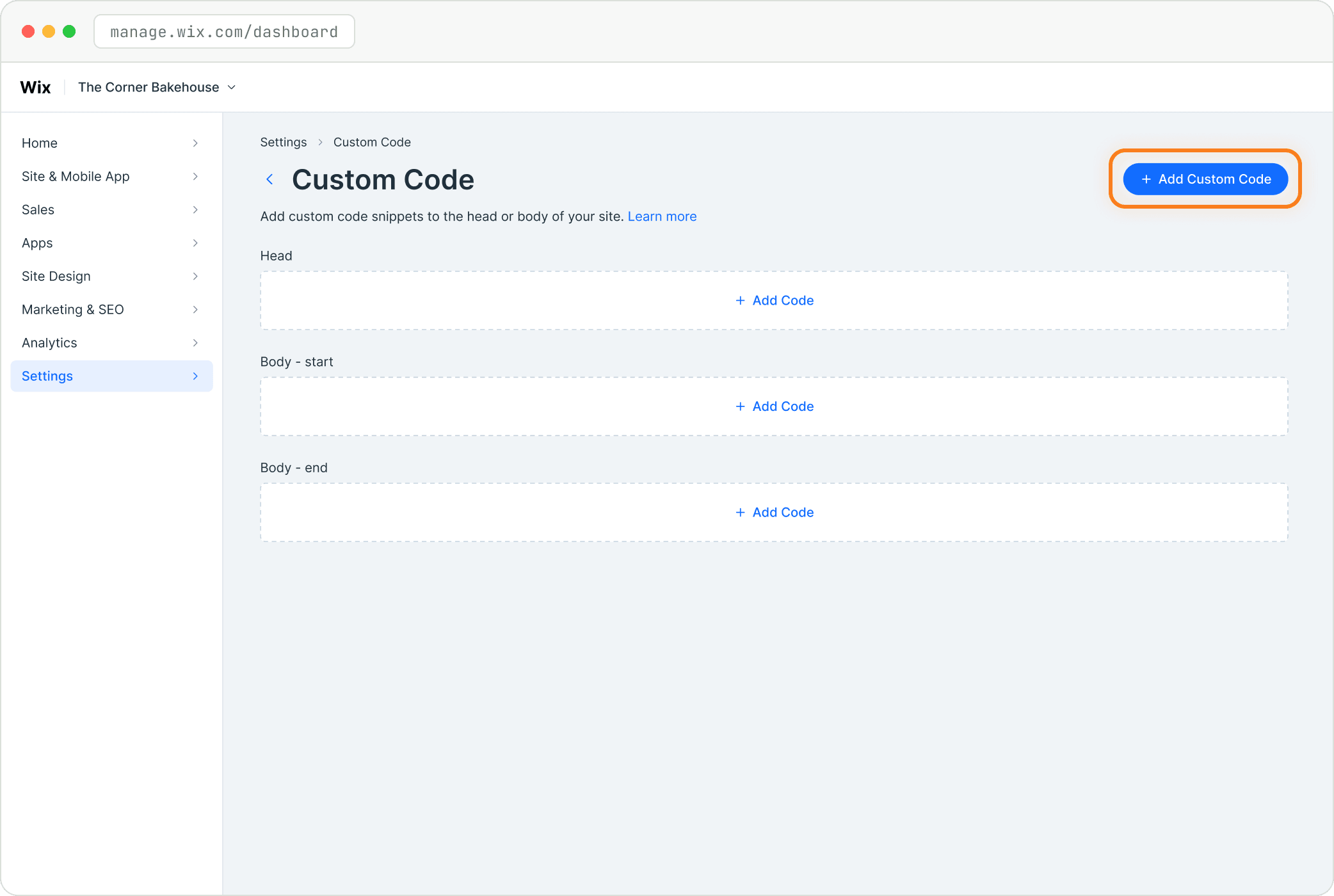 Step: Open Settings, Custom Code