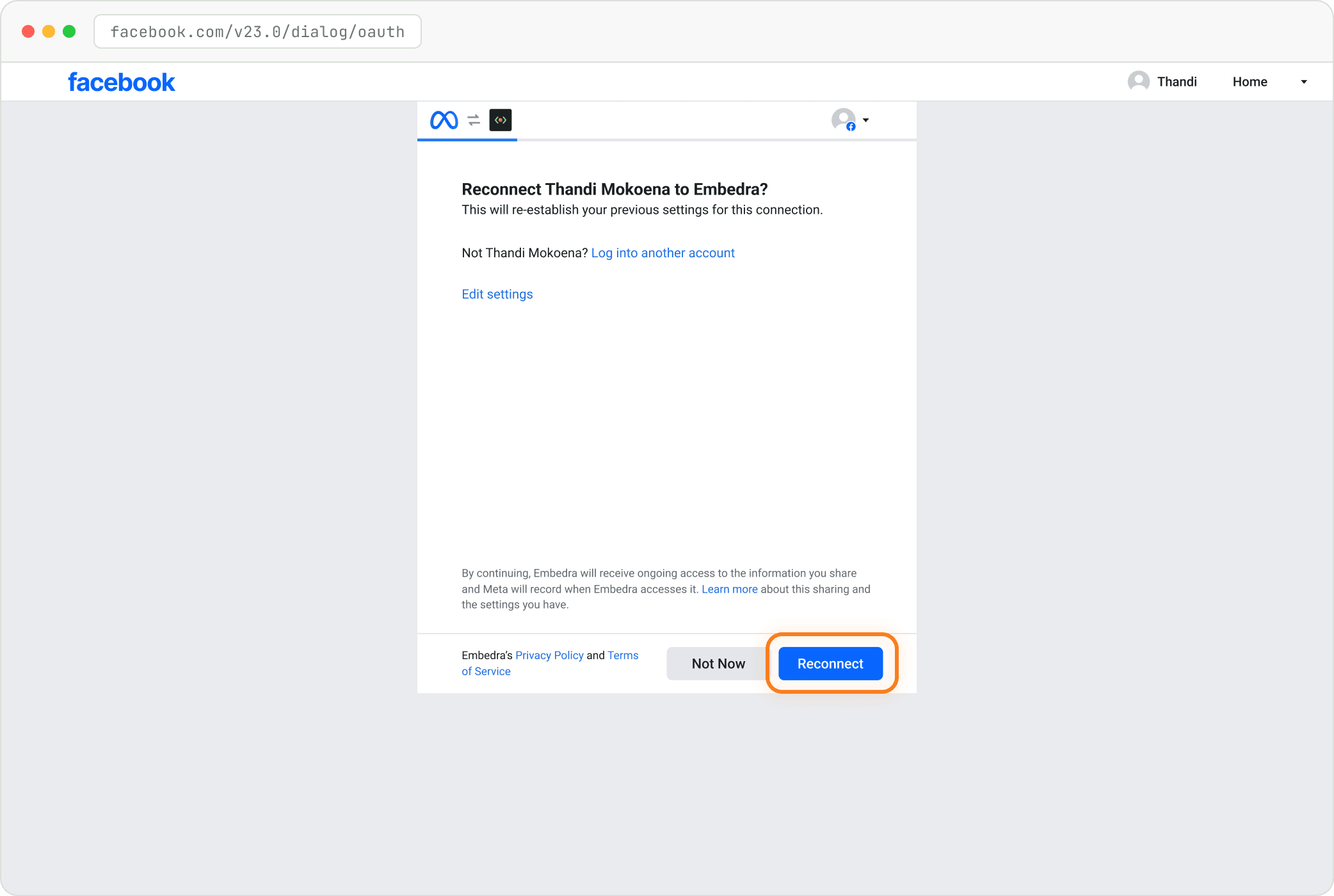 Step: Facebook asks to reconnect