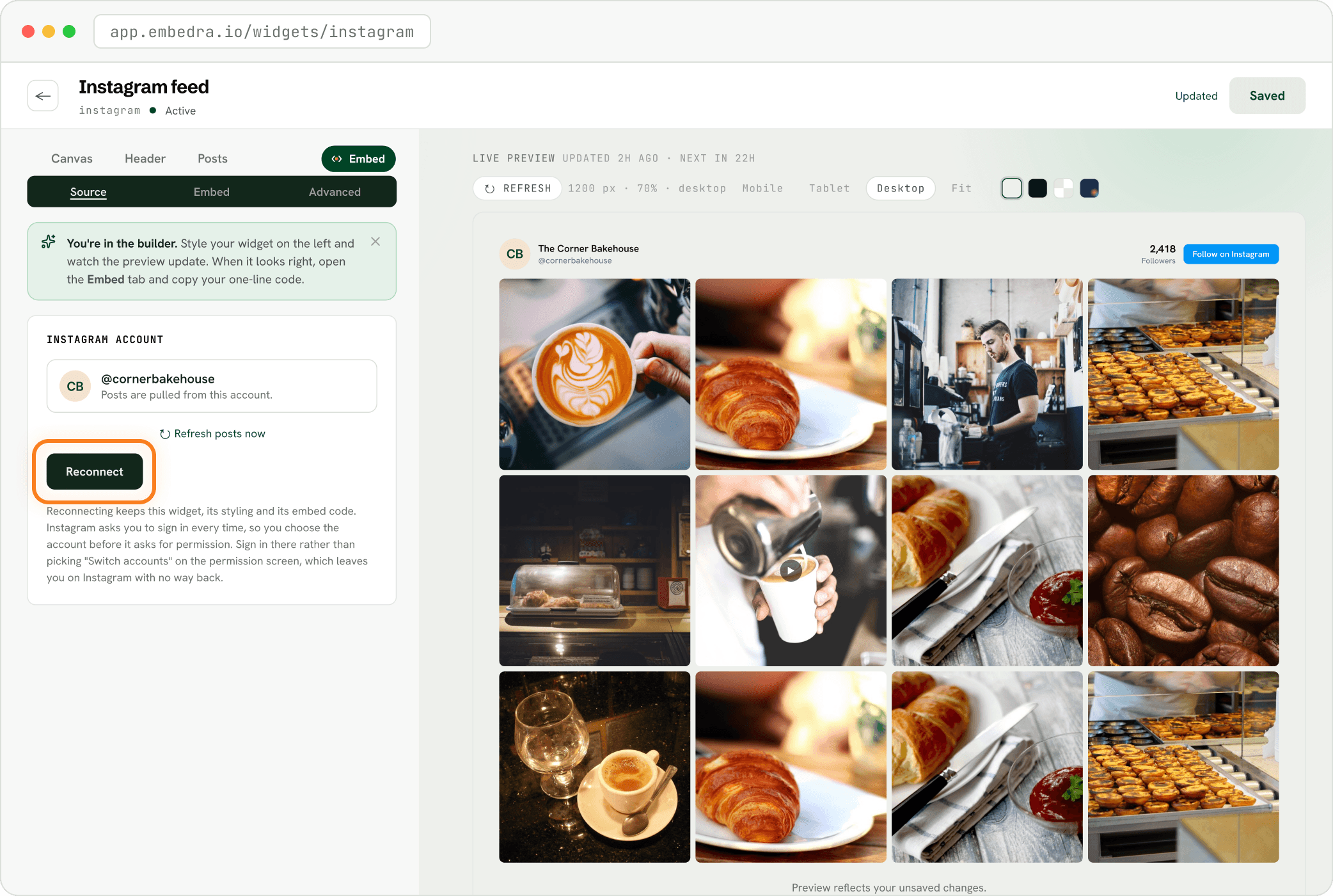 Step: Open your widget, then Embed and Source