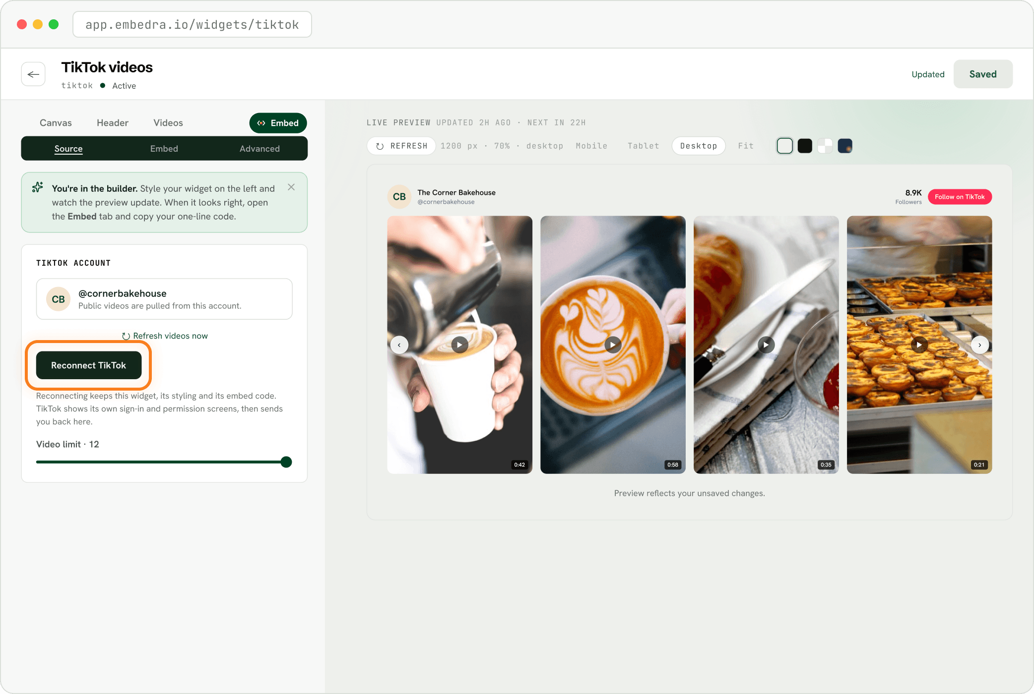 Step: Open your widget, then Embed and Source