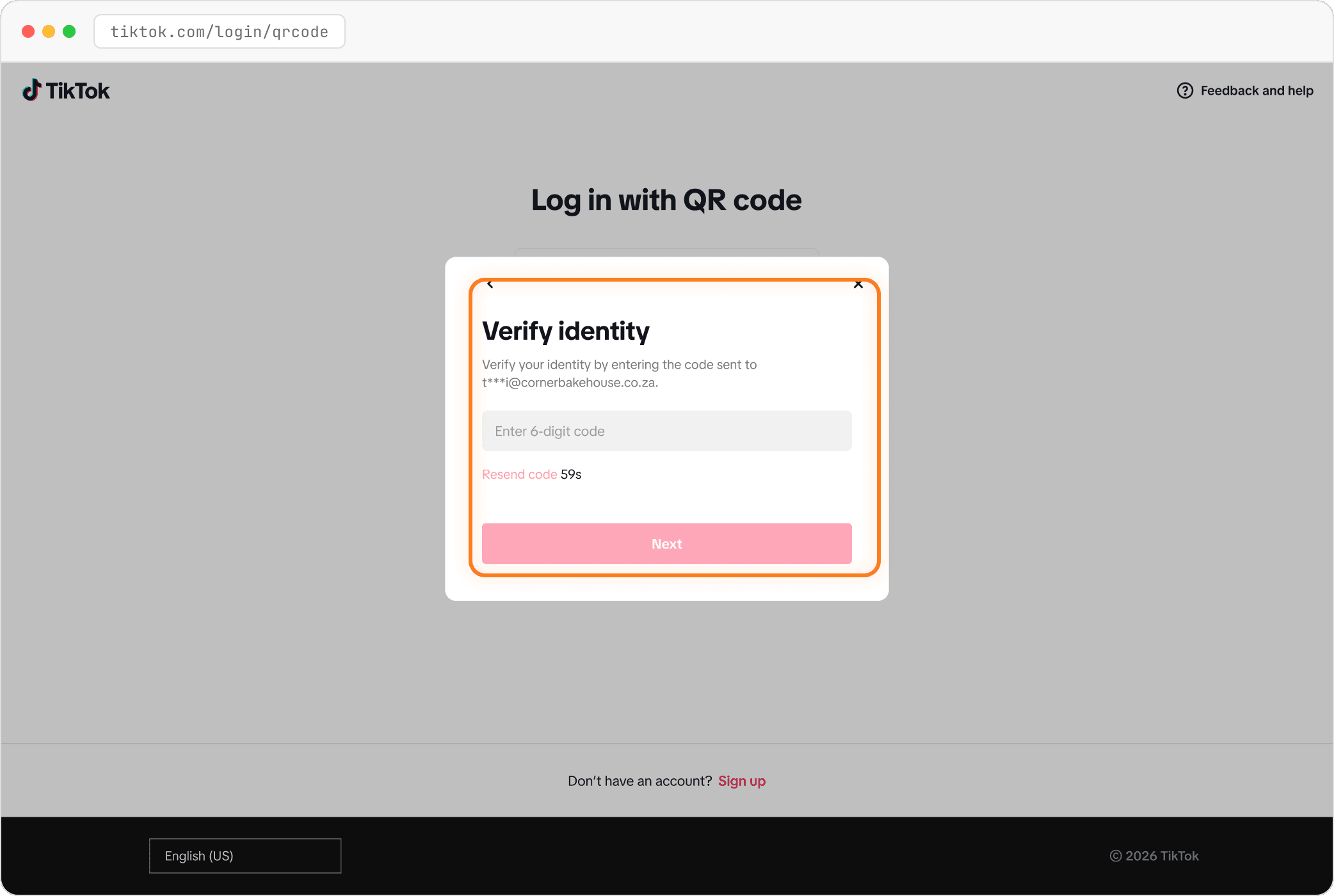 Step: Enter the code, if TikTok asks