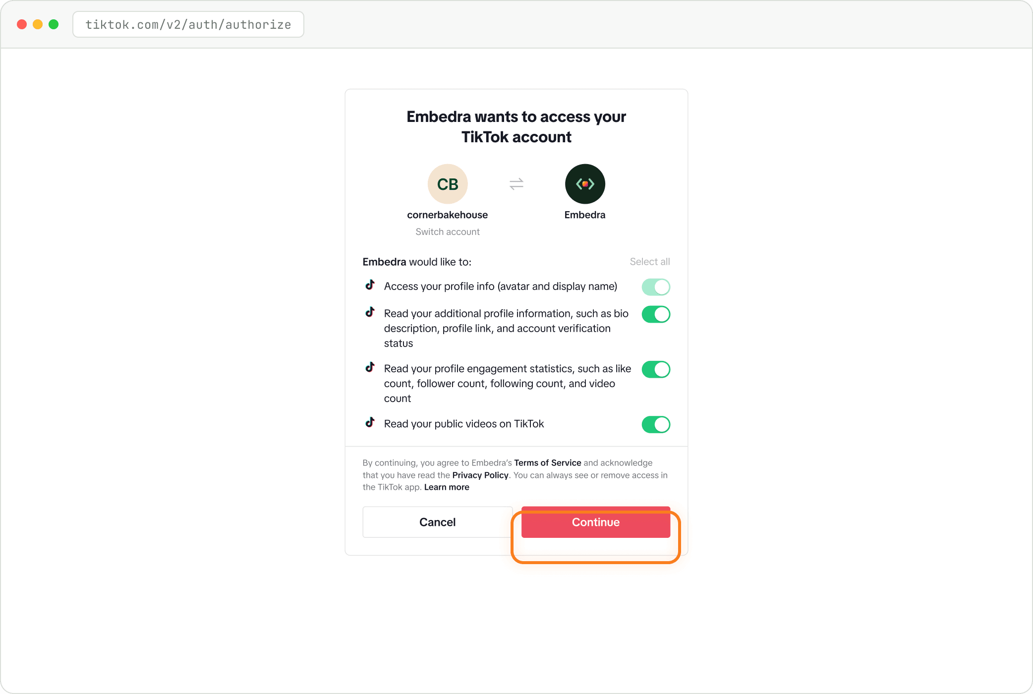 Step: Allow Embedra, then click "Continue"