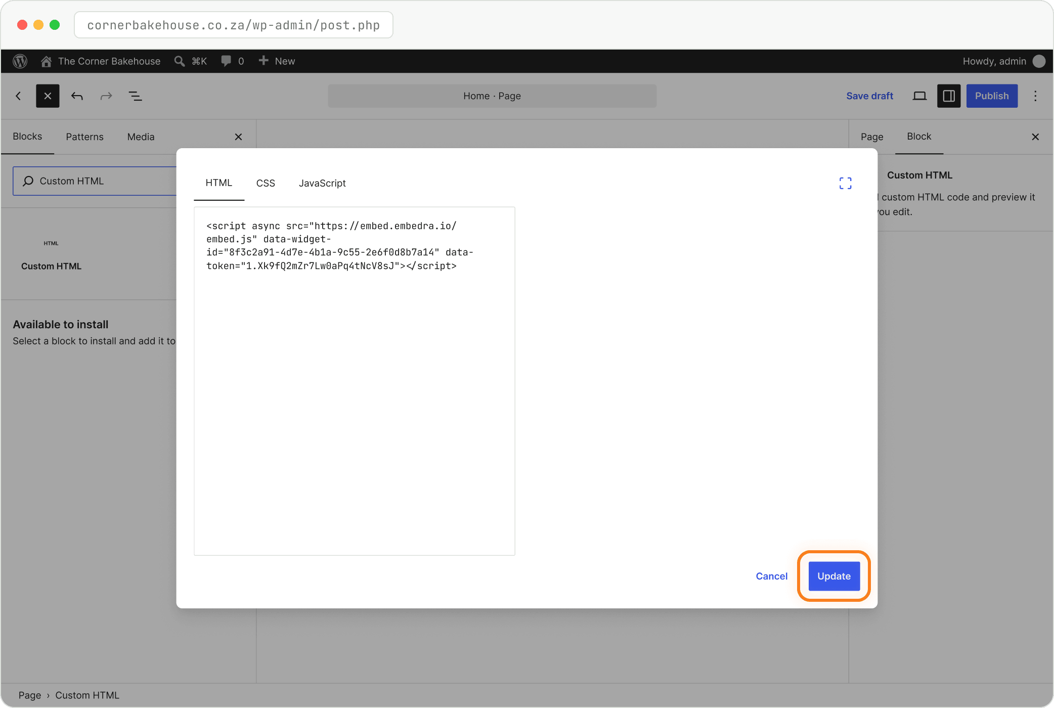 Step: Paste into the HTML tab, then Update